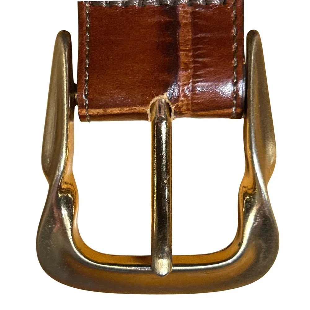 Brighton Brown Embossed Calfskin Leather Belt Gold Buckle Size L (30-43)